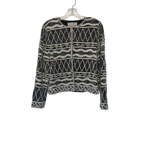 Adrianna Papell Evening Black Silver Formal Beaded Dressy Silk Jacket Medium - Picture 1 of 13